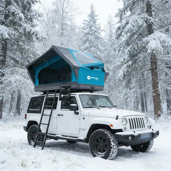 inflatable rppftop tent setup in snow weather