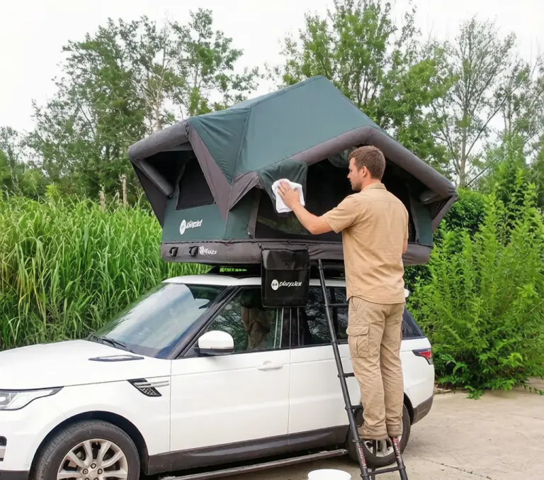 An outdoor camping enthusiast is wiping down an inflatable rooftop tent with a damp cloth.