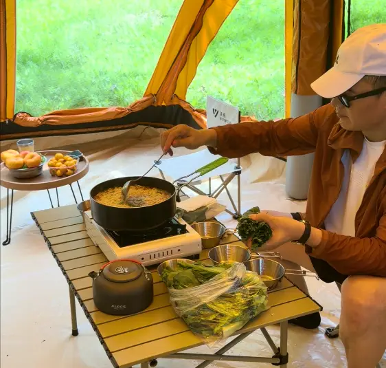 cooking inside the tent