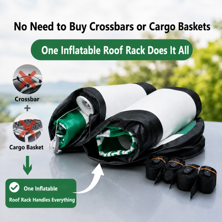 Rolled-up deflated PlayDo inflatable roof rack replaces both crossbars and cargo baskets — one universal rack for cargo and tent