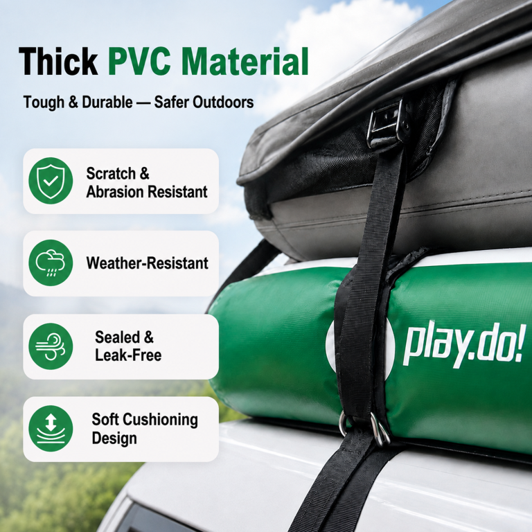Close-up of PlayDo inflatable roof rack thick PVC airbag — scratch-resistant, weather-resistant, sealed leak-free, soft-cushioning for rooftop tent base