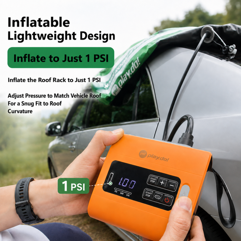 Inflating PlayDo inflatable roof rack to 1 PSI with the orange PlayDo electric pump — digital pressure gauge shows 10.0 KPA on the vehicle roof