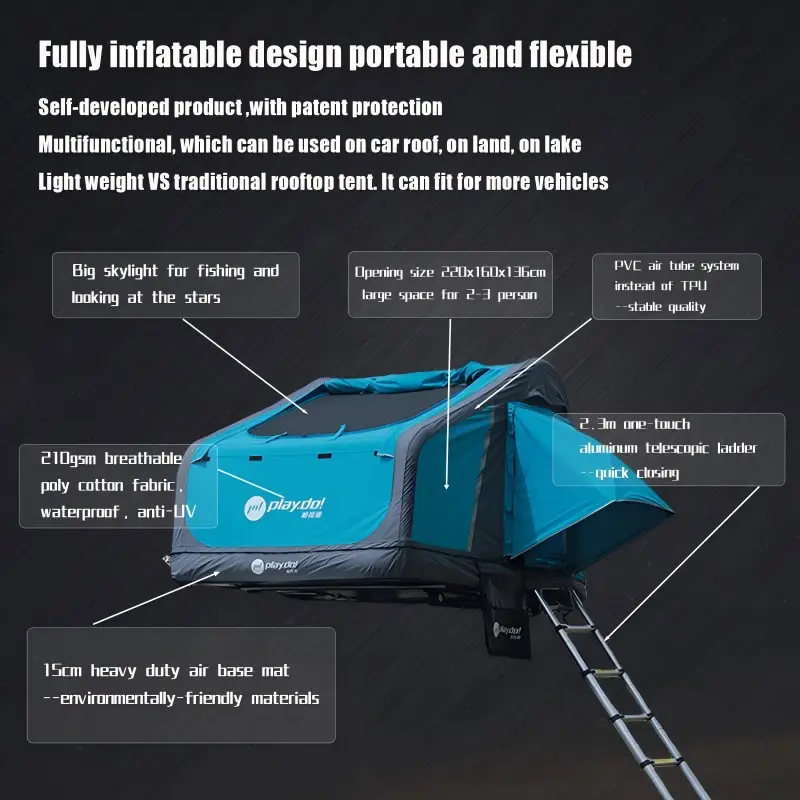 Fish Island rooftop tent feature diagram with skylight, 220x160x136cm space, PVC air tube, 15cm mattress and ladder