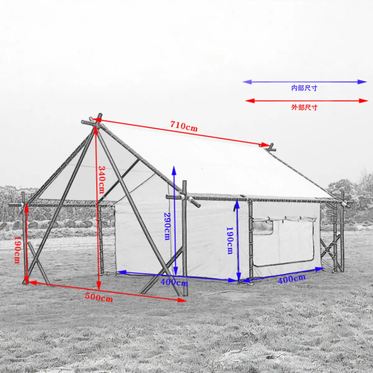 Technical drawing of luxury safari tent showing external dimensions 710cm × 500cm and internal height=
