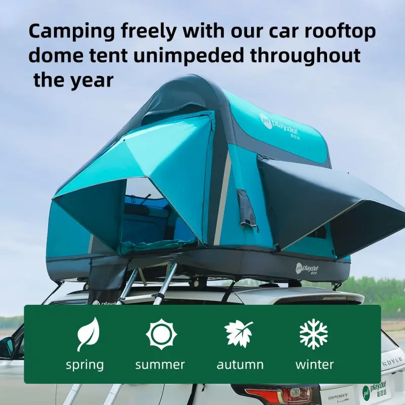 Fish Island inflatable rooftop tent 4-season use on SUV, spring summer autumn winter all-weather family camping