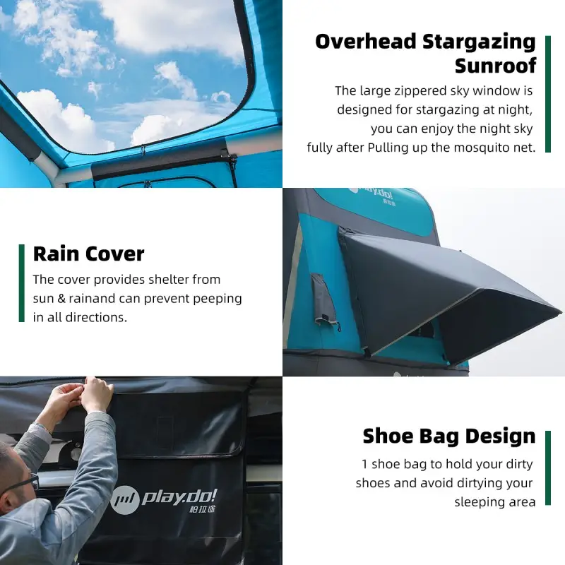 Fish Island rooftop tent detail collage: overhead stargazing sunroof, rain cover and shoe bag storage design