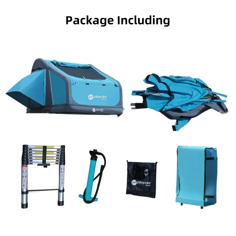 Fish Island rooftop tent complete package contents: tent body, ladder, hand pump, shoe bag and carry bag