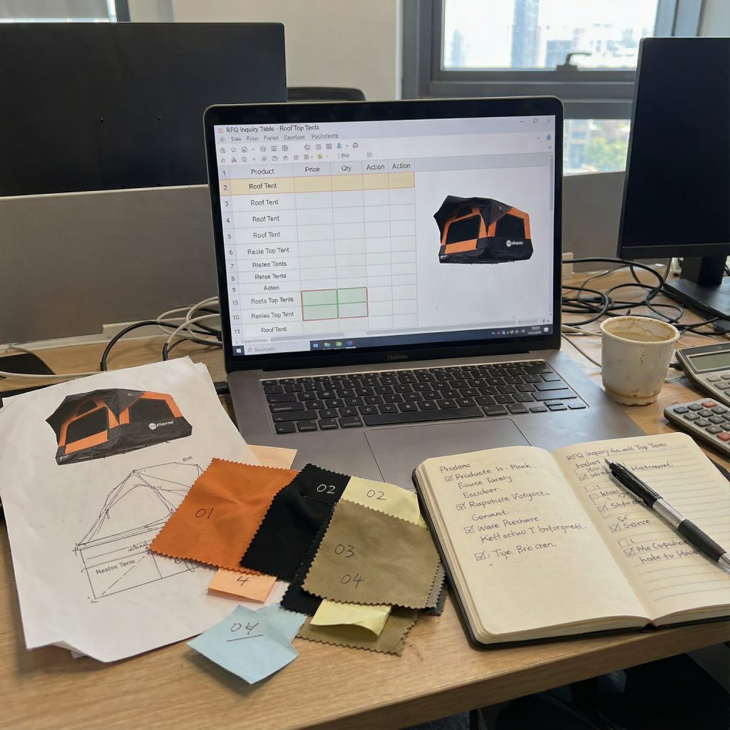 Rooftop tent RFQ preparation with product specifications and material samples.