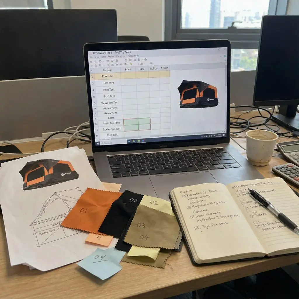 Rooftop tent RFQ preparation with product specifications and material samples.