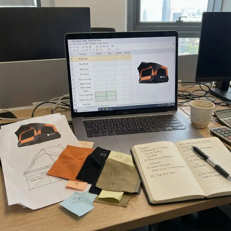 Rooftop tent RFQ preparation with product specifications and material samples.