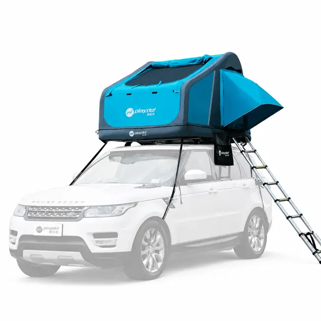 Fish Island inflatable rooftop tent product render on white SUV, turquoise poly-cotton side view with telescopic ladder