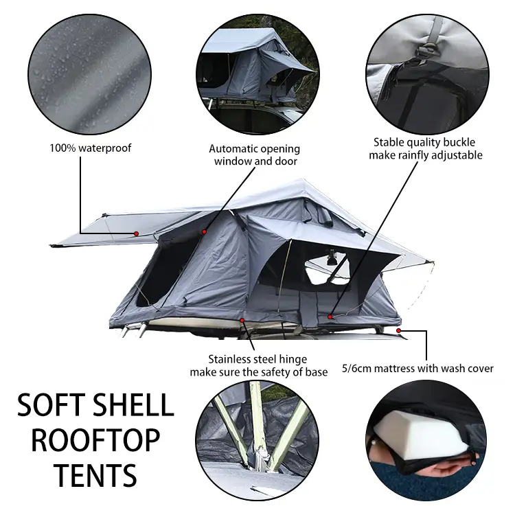 Soft shell rooftop tent feature diagram showing waterproof fabric, automatic window and door, quality buckles, stainless steel hinge, and mattress.