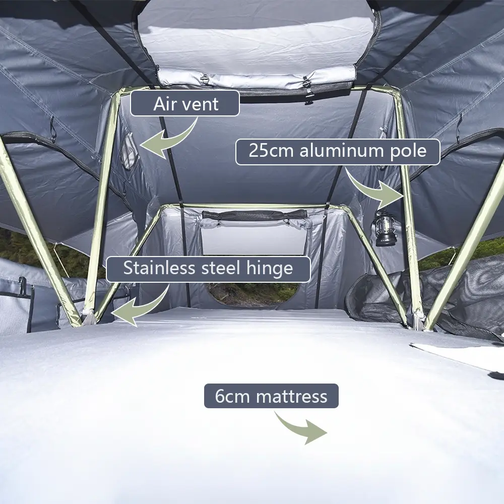 Interior details of soft shell rooftop tent labeled with air vent, 25cm aluminum pole, stainless steel hinge, and 6cm mattress.
